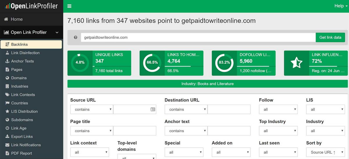 OpenLinkProfiler — анализ новых беклинков (обратные ссылки) бесплатно