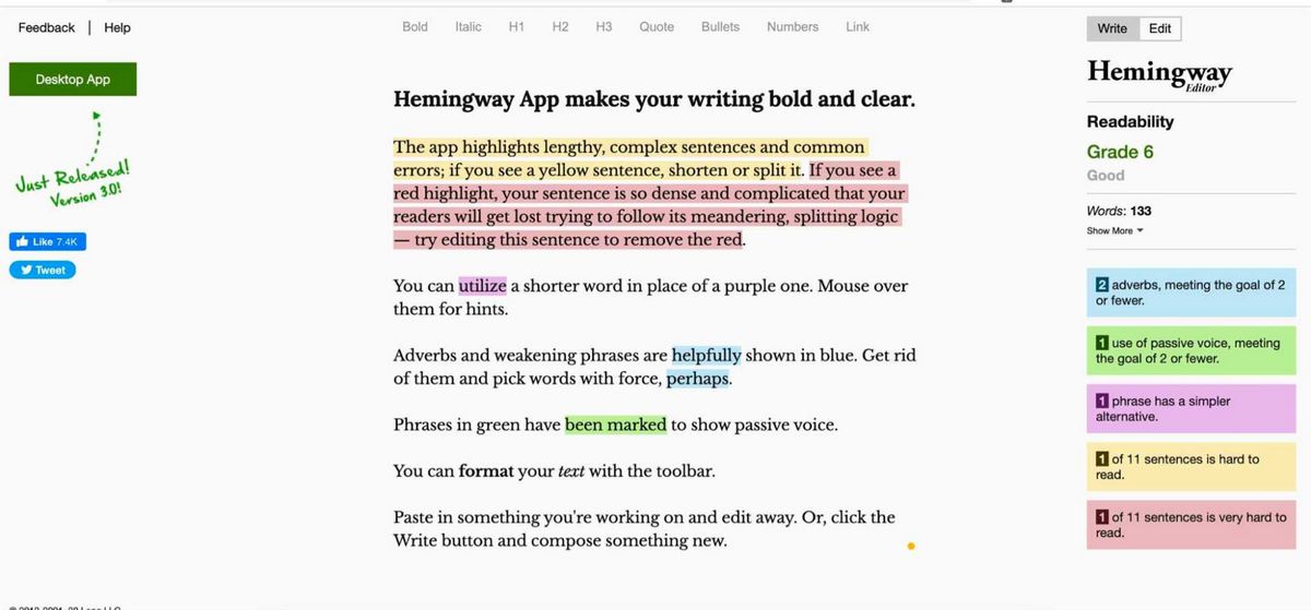 Hemingway — Приложение Hemingway помогает улучшить чистоту и понятность ваших текстов